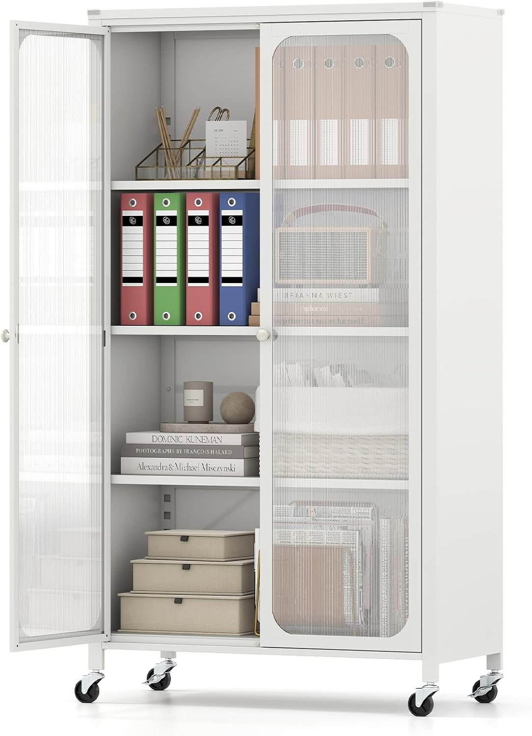 NAFORT Bookcase with Doors and Adjustable Shelves, Freestanding Bookshelf Storage Cabinet with 4 Wheels, Multi-Purpose Display Case for Living Room, Bedroom, Kitchen, Home Office, White