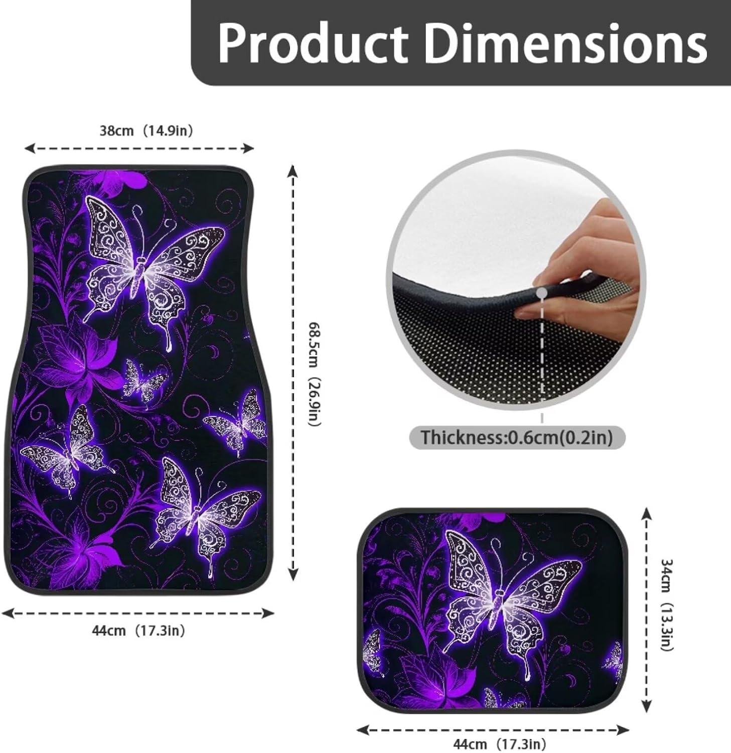 Women Floor Mats for Cars Purple Butterfly Print All Weather 4 Pieces Set Carpet Protector Floor Liners Universal Fit Most Cars Sedan SUV Truck
