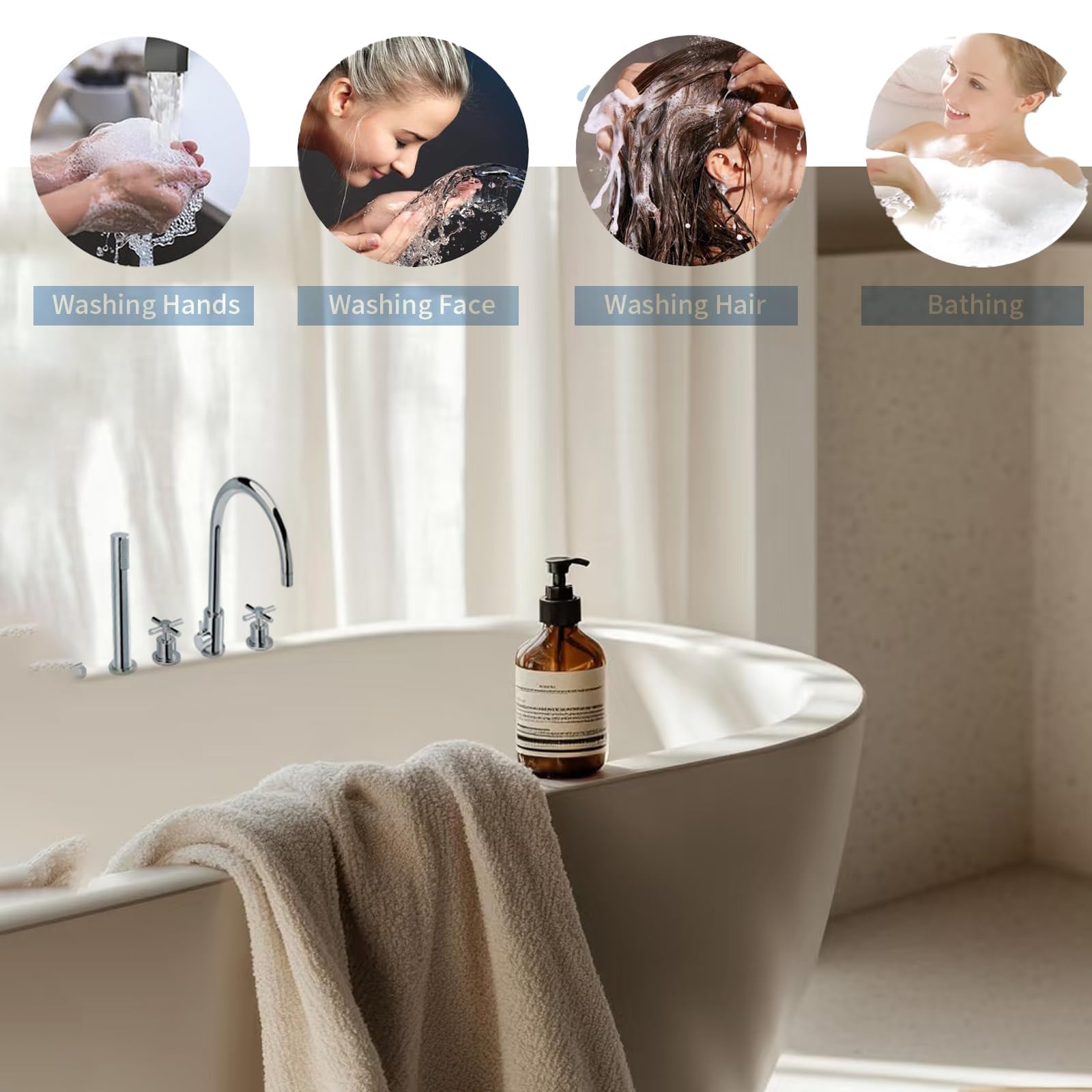 Bathtub Faucet, Roman Tub Faucets with Hand Shower, 2 Cross Handles 4-Hole Deck Mount Bathroom Faucet Brass (2) — view 6