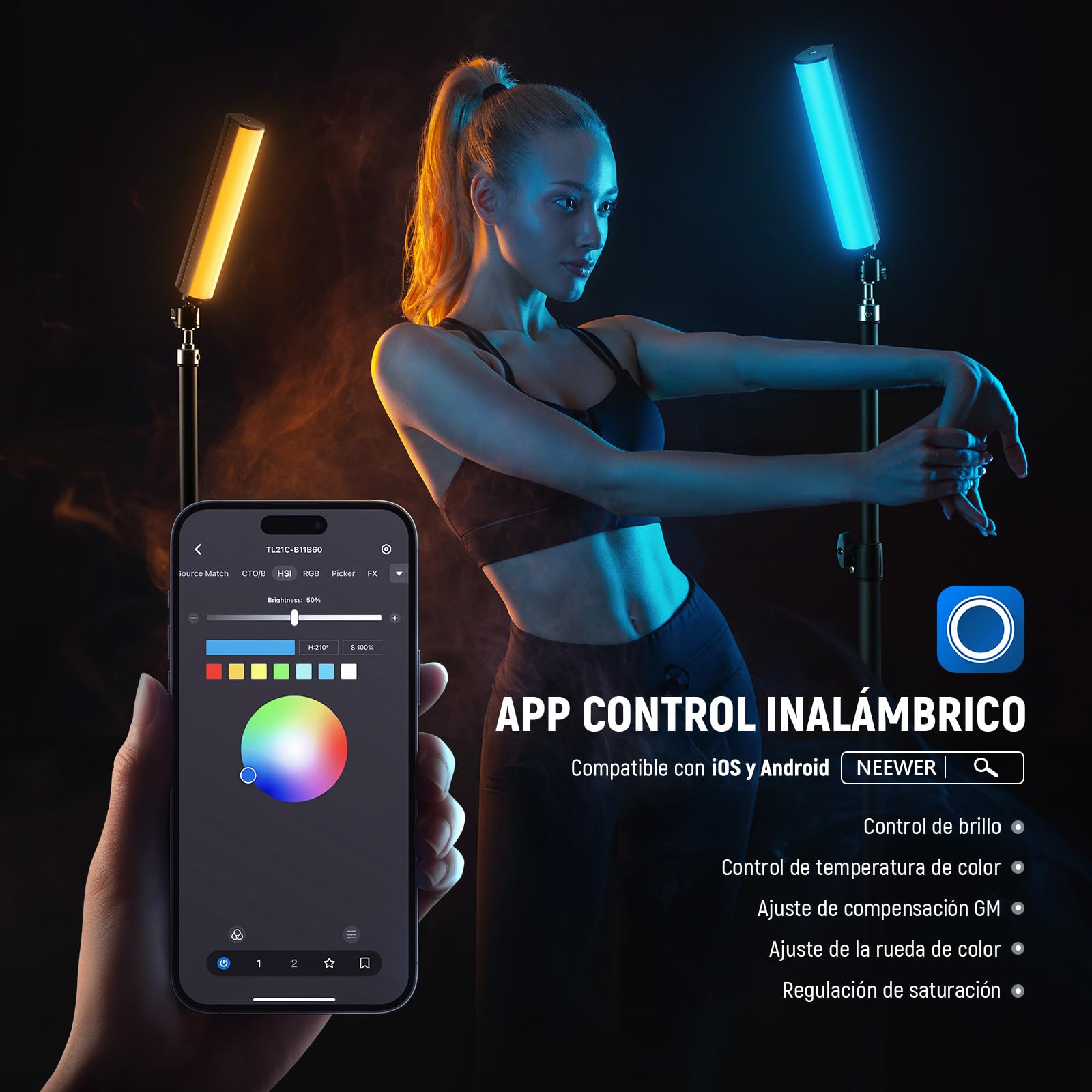 NEEWER RGB Varita Luz con Trípode Escritorio, App Control Magnética Manual Barra Luz Vídeo, 2500K-8500K Regulable CRI95+ 17 Escenas Barra Luz Tubo LED a Todo Color para Vlog, 2550mAh Batería, TL21C