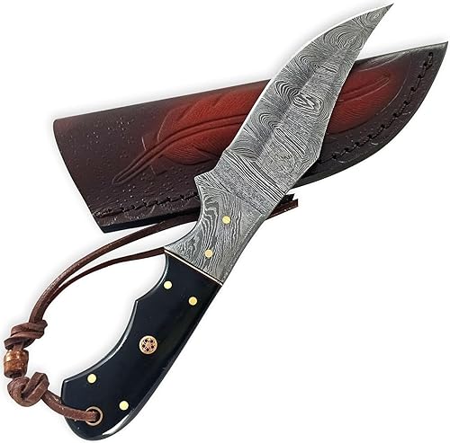 Miniatura 6 de Cuchillo de caza de Damasco con funda de cuero, ideal para desollar, acampar, al aire libre, cuchillo de bushcraft de hoja fija EDC con funda de