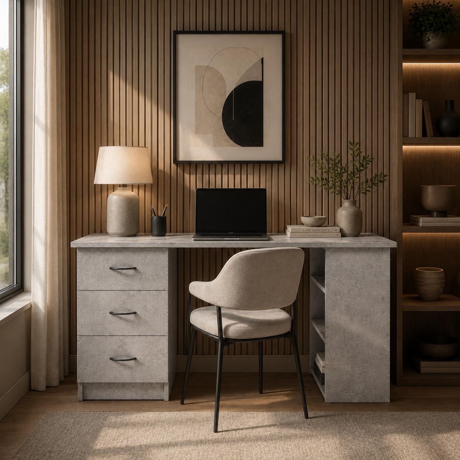 Arreditaly Scrivania Moderna Con 3 Cassetti E 3 Vani A Giorno Scrittoio Struttura In MDF Resistente Design Minimal Ideale Per Ufficio Studio Cameretta E Smart Working 120 x 49 x 72 Cm Grigio Cemento