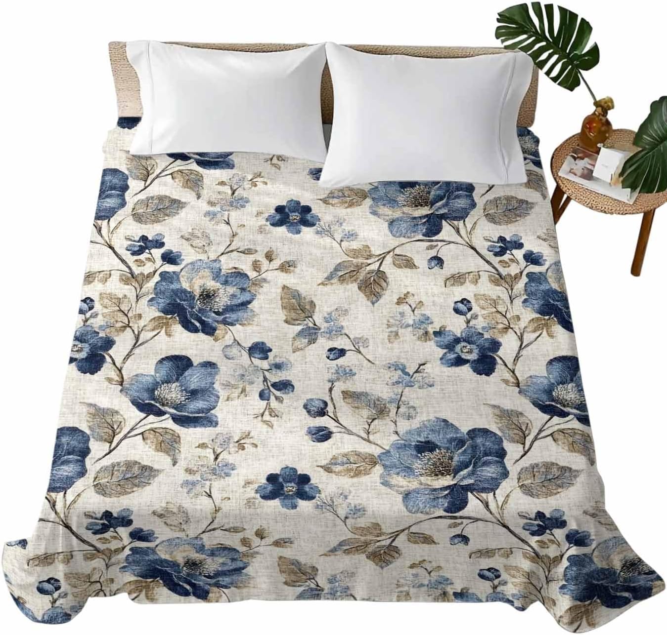 Navy Blue Floral King Size Flat Sheet Only, Beige Vintage Farmhouse Botanical Leaves Soft Brushed Microfiber Bed Sheets, Hotel Quality Breathable Bedding Top Sheet, Easy Care, 105"x98"