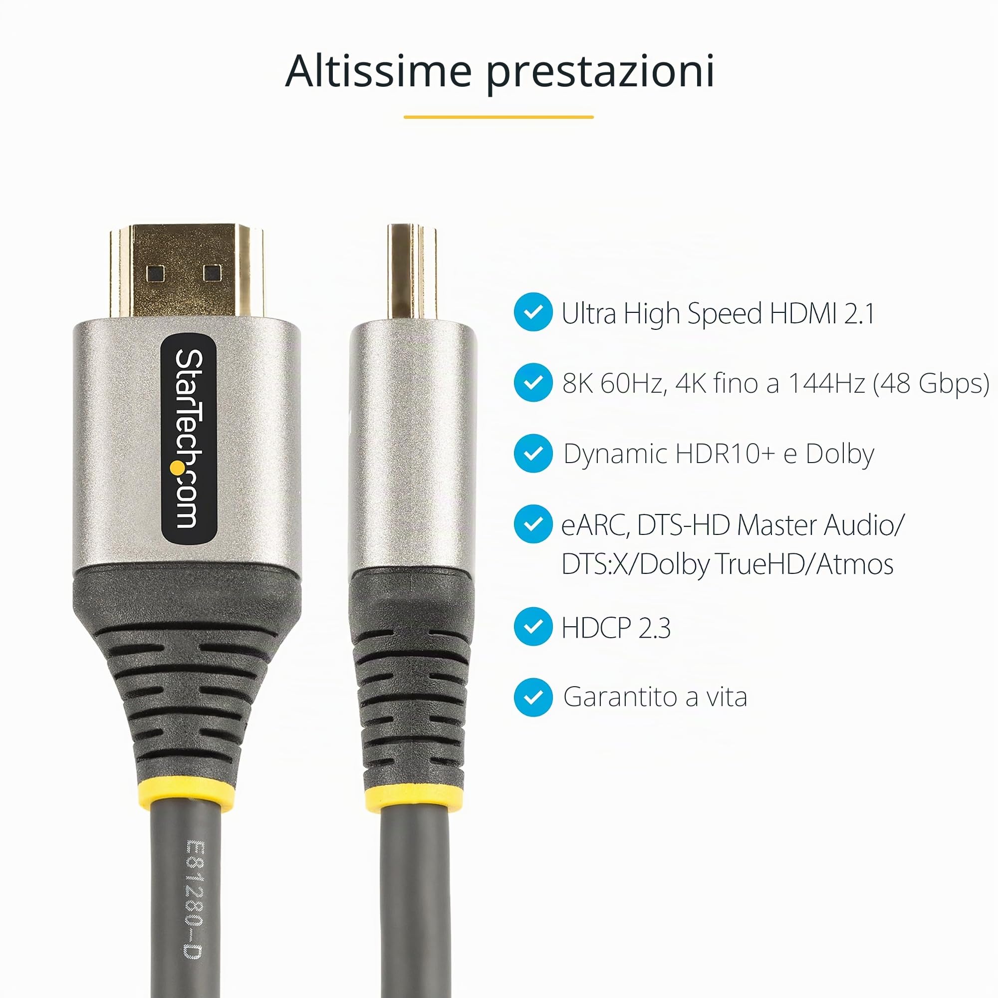 StarTech Cavo HDMI 2.1 Certificato da 5m, 8K 60Hz, 48Gbps, HDR10+ eARC | Rivestimento TPE flessibile, Ideale per Monitor, TV e Display