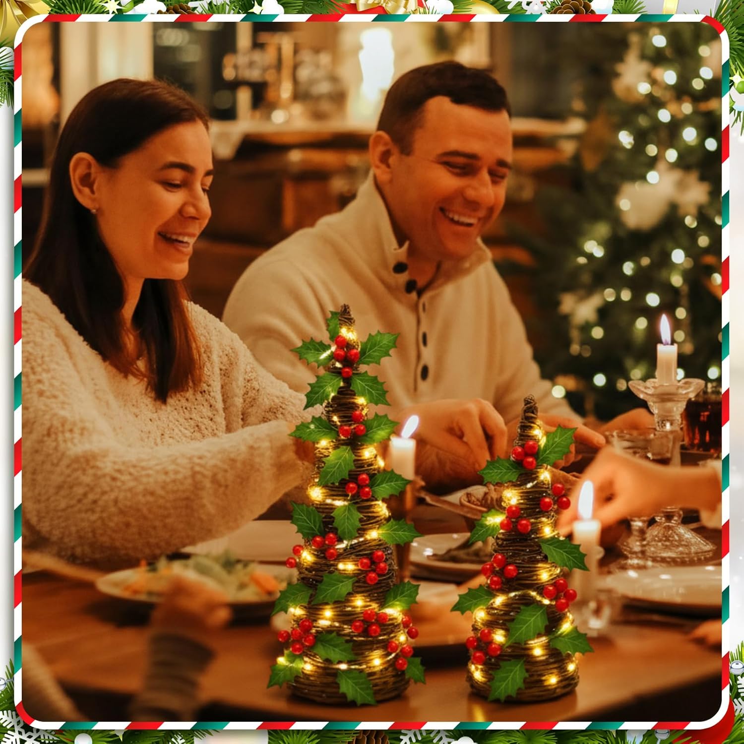 Qinyoung 2 Pcs Lighted Christmas Cone Tree Rattan Table Decoration 12'' 10'' Xmas Artificial Rattan Red Berries Green Leaves Table Centerpiece Cone Tree 2 Various Sizes for Winter Party Village Decor