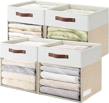 Bagnizer Storage Cubes, 4 Pack Linen Foldable Storage Bins 13 x 13 inch with Clear Window and Handles, Fabric Organizer for Shelf Closet, Clothes, Books - Beige and White