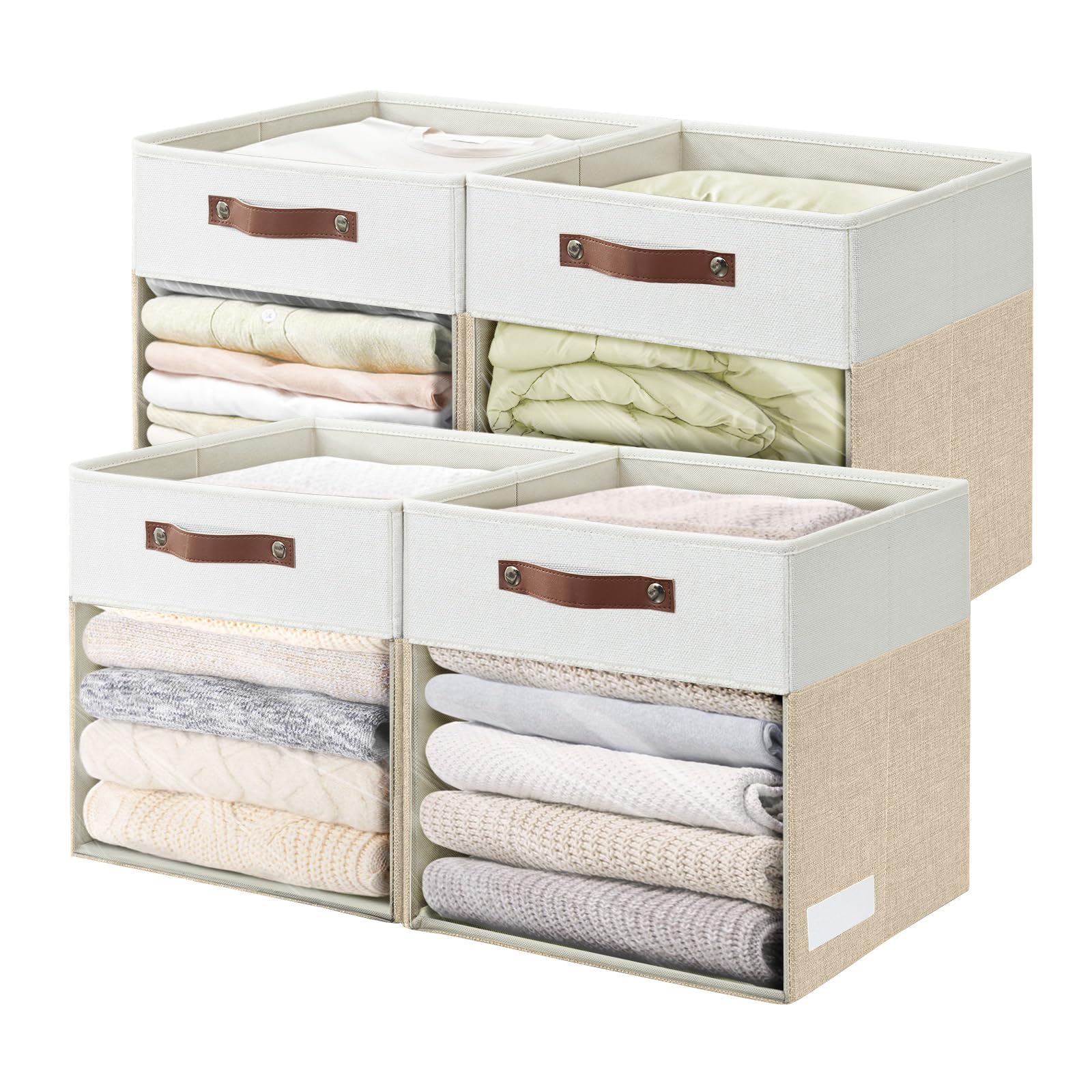 Storage Cubes, 4 Pack Linen Foldable Storage Bins with Clear Window and 2 Handles, 13x15x13 Storage Cube Bins for Shelf Closet, Kallax, Clothes, Books - (Beige and White) Beige / Off-White 13 x 15 x 13