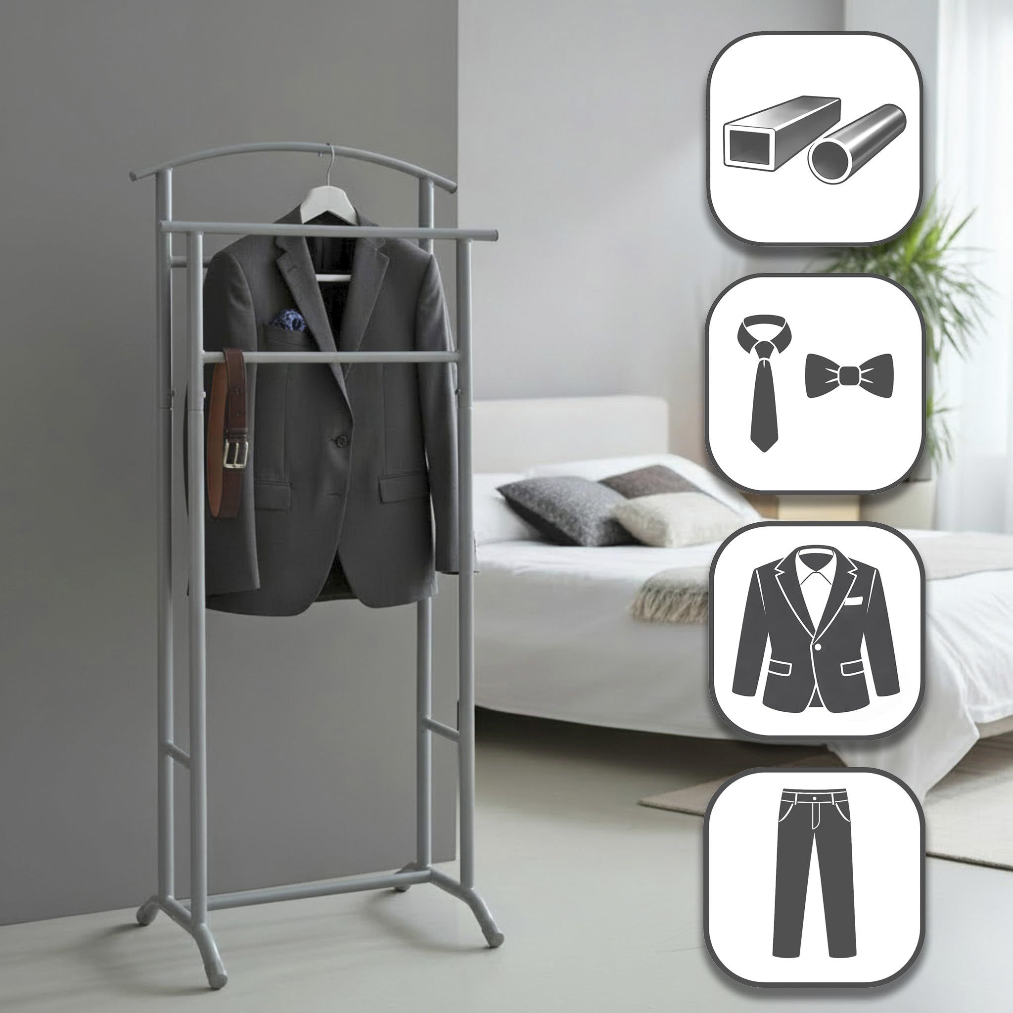 HAKU galán de noche para hombre dormitorio gris tubo de acero sirviente silencioso gris - Medidas: Ancho 48 x Alto 107 x Profundidad 36 cm, Estilo: Moderno
