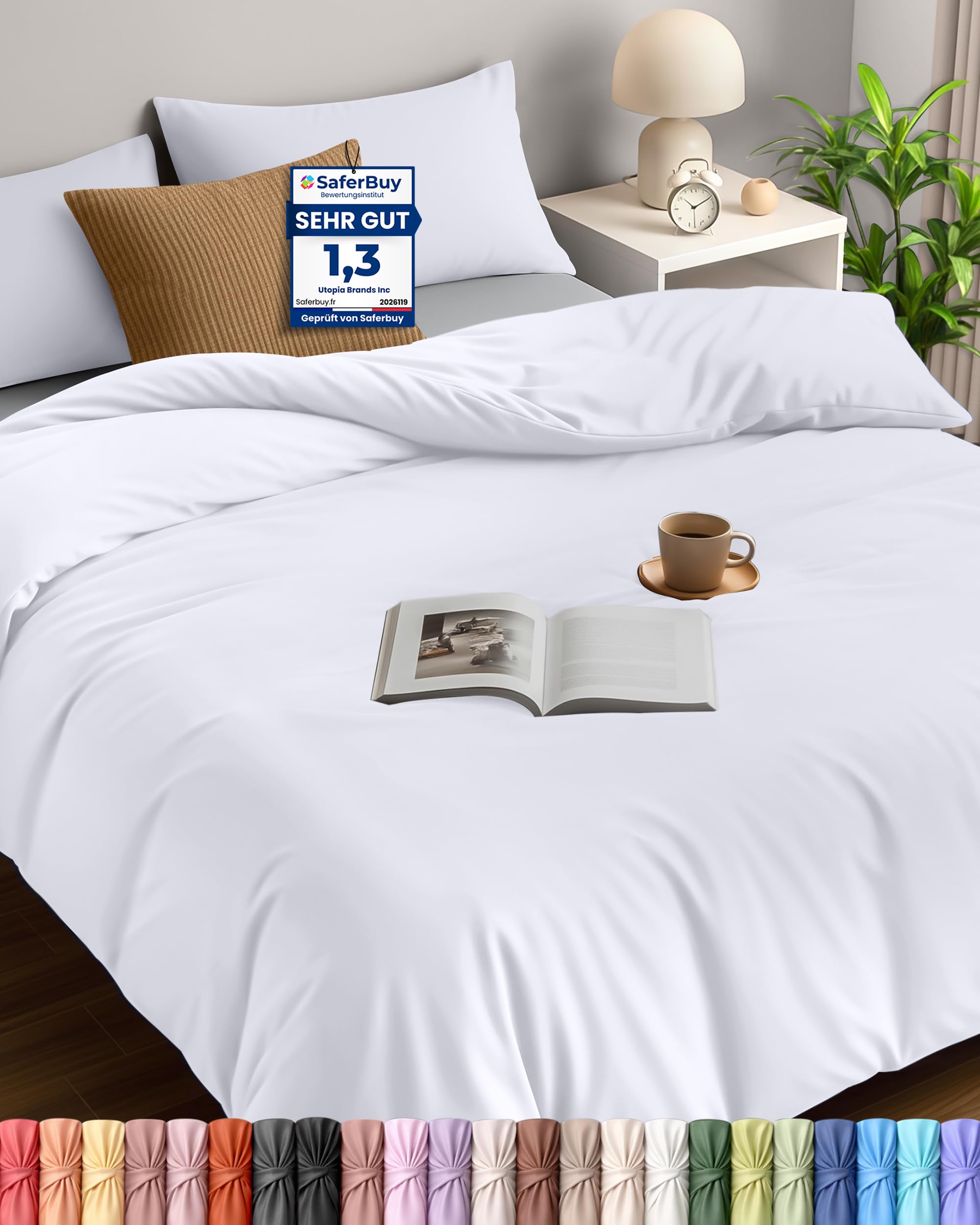 Utopia Bedding Bettwäsche 230x220 cm + 2 Kissenbezüge 50x75 cm, Weiß | Bettbezug Mikrofaser mit Reißverschluss, Oeko-TEX Zertifiziert, Einfache Montage – ideal für Zuhause und Hotels