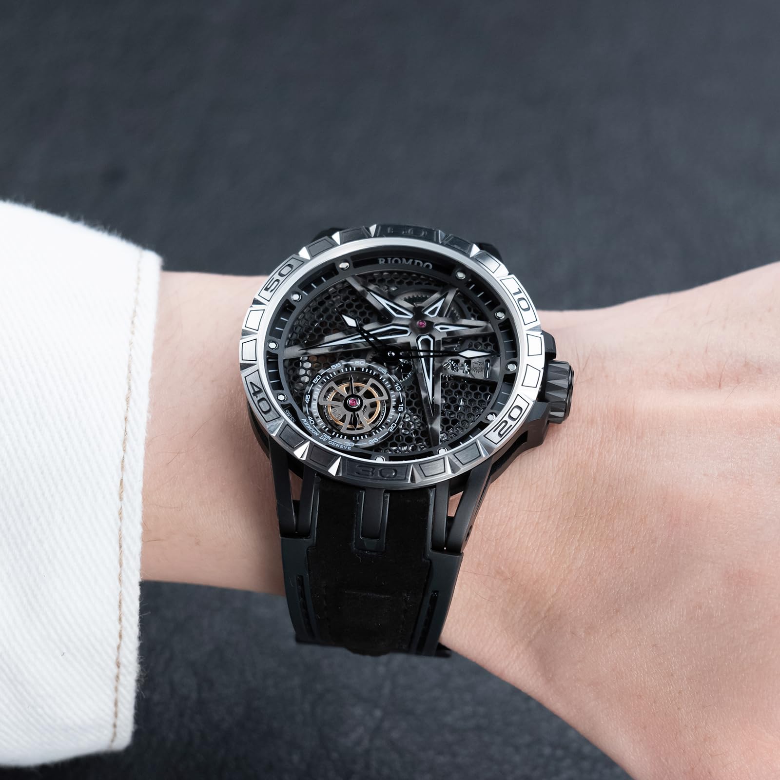 OBLVLO Męski 46 mm mechaniczny automatyczny zegarek maszynowy z wydrążoną tarczą 50 m wodoodporny gumowy pasek wojskowy zegarek RD-901