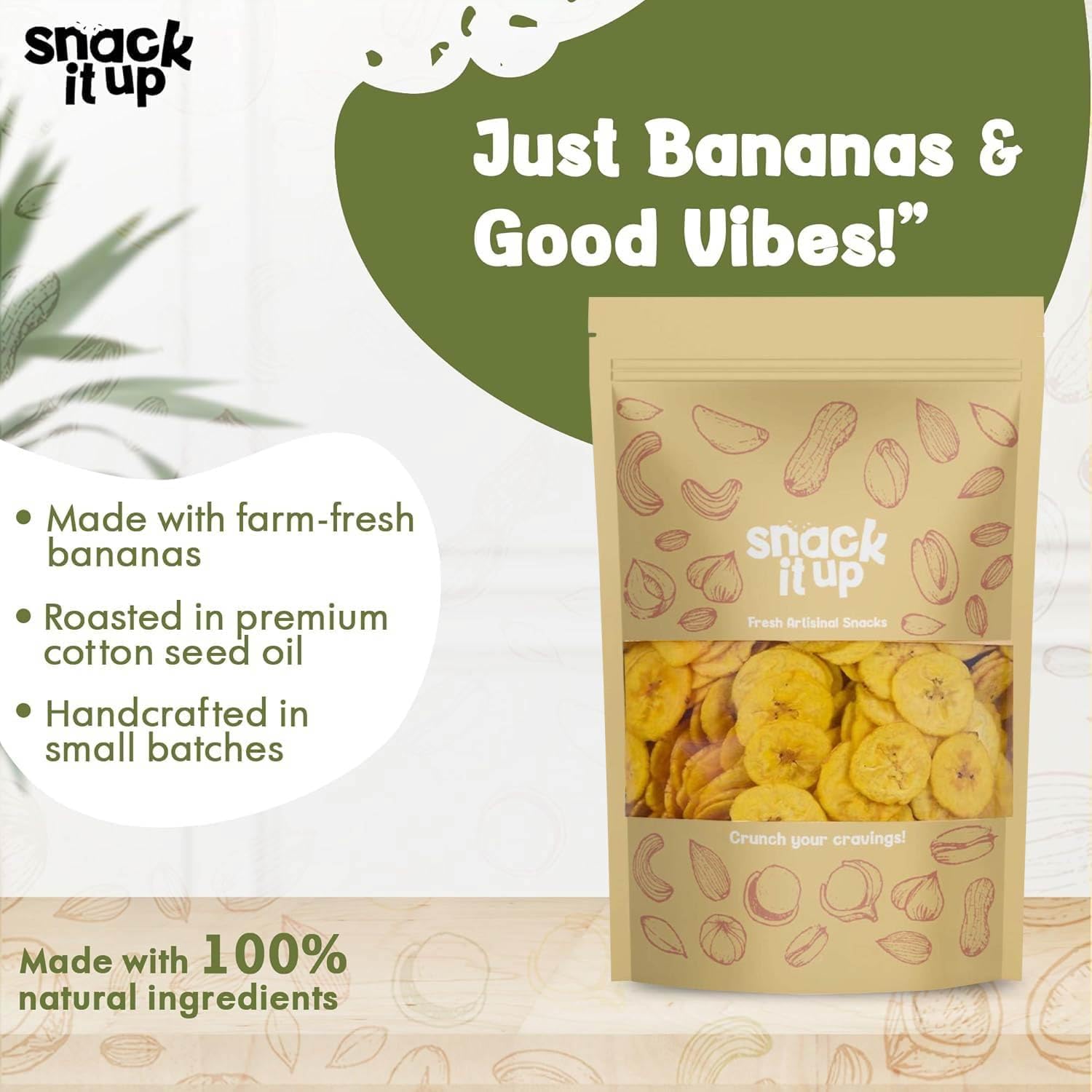 Snack It Up Premium Kerala Banana Chips in Coconut Oil | Crispy Yellow Banana Wafers | Traditional Indian Snack Kele Ke Chips | Vegan, Gluten Free, Plant Based for Kids/Adults | 100 g x 6 3