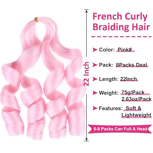 Miniatura 2 de UNION BEAUTY Cabello de trenza rizado francés rosa de 22 pulgadas, 8 paquetes pre-estirados, ondas corporales para trenzas de caja bohemias y