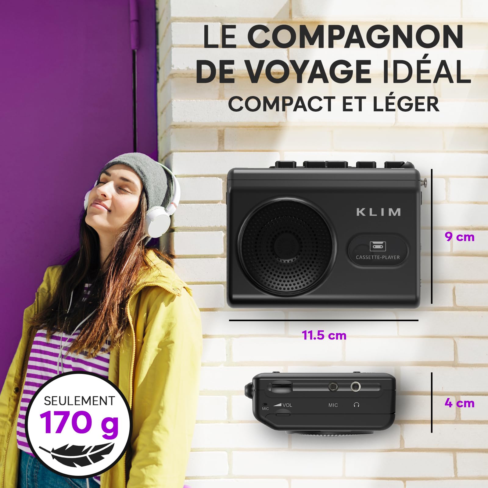 Lecteur Cassette Audio Enregistreur KLIM K9 – Baladeur Cassette Portable avec Haut-Parleur, Microphone, Prise Casque, Alimentation Piles AA/AC, 2 Piles et Écouteurs Inclus