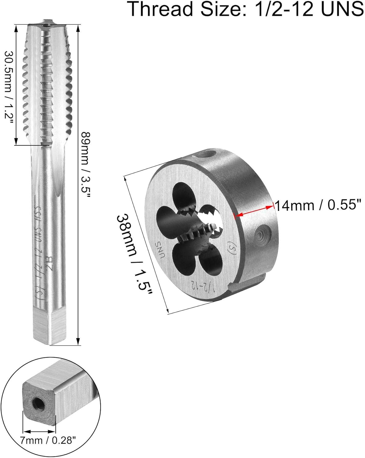 uxcell 1/2-12 UNS Tap and Die Set with 38mm Round Die Stock Handle Wrench, High Speed Steel Machine Thread Tap and Round Die Threading Tool