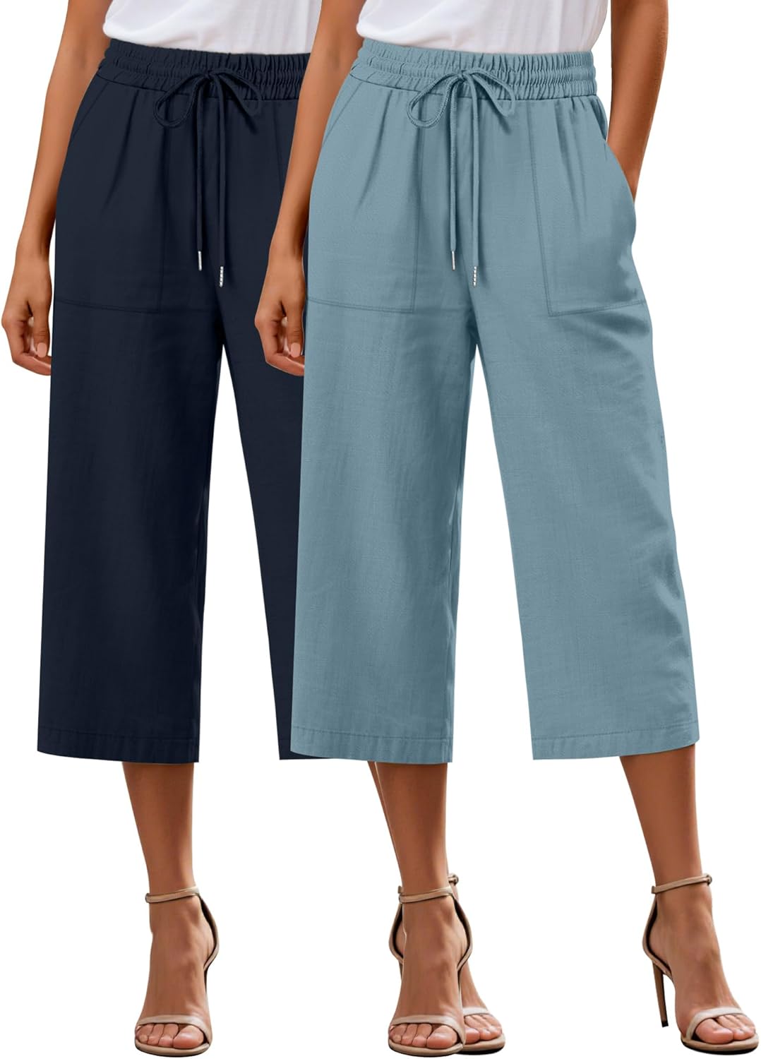 Riyiper 2 Pcs Women's Cotton Linen Blend Wide Leg Capri Pants, Drawstring Casual Cropped Trousers Loose Pants with Pockets
