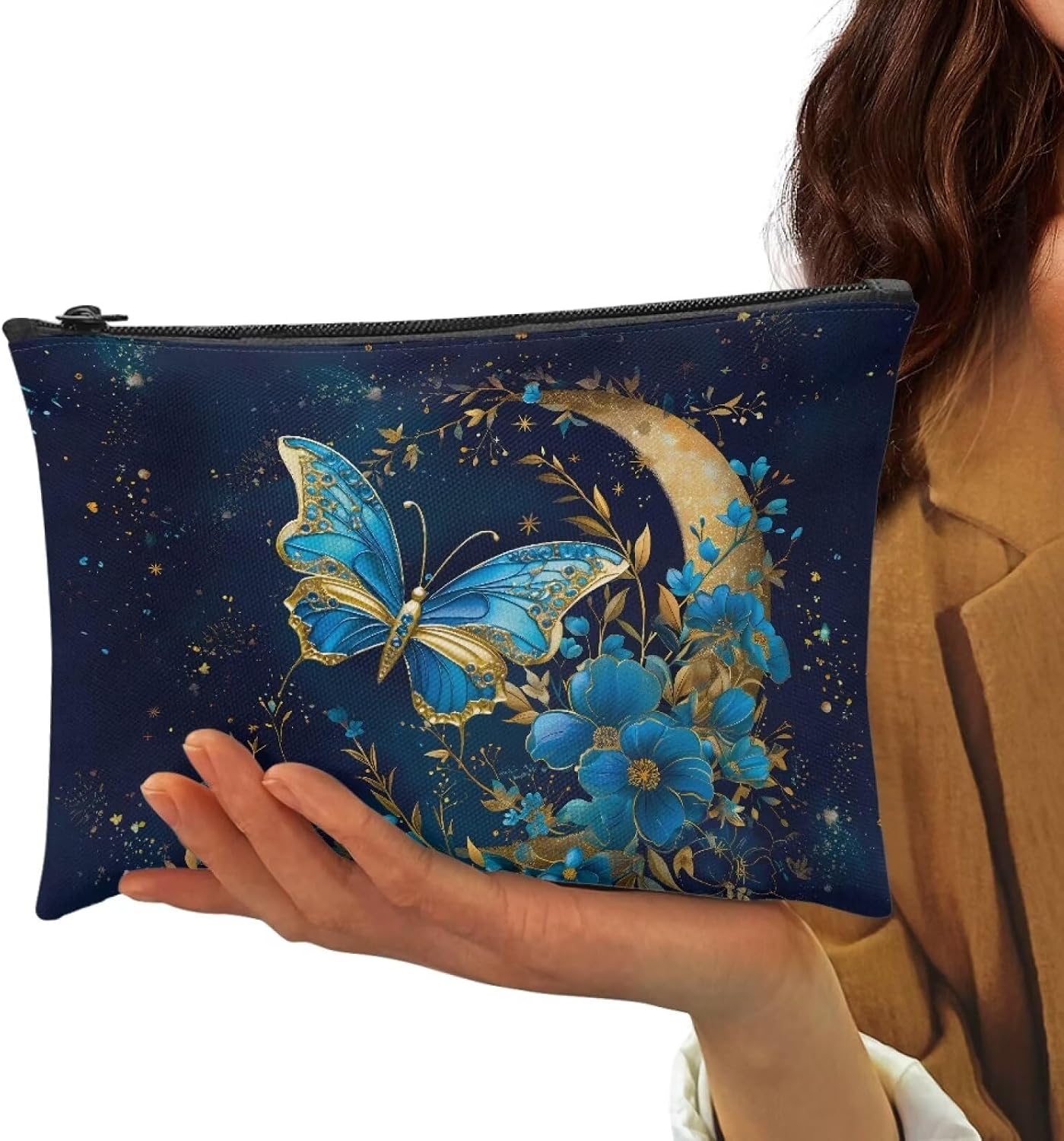 Flashideas Blue Butterfly Makeup Bag for Purse Travel Portable Small Cosmetic Organizer Cosmetic Bag for Women Can Hold Makeup Brushes Skincare