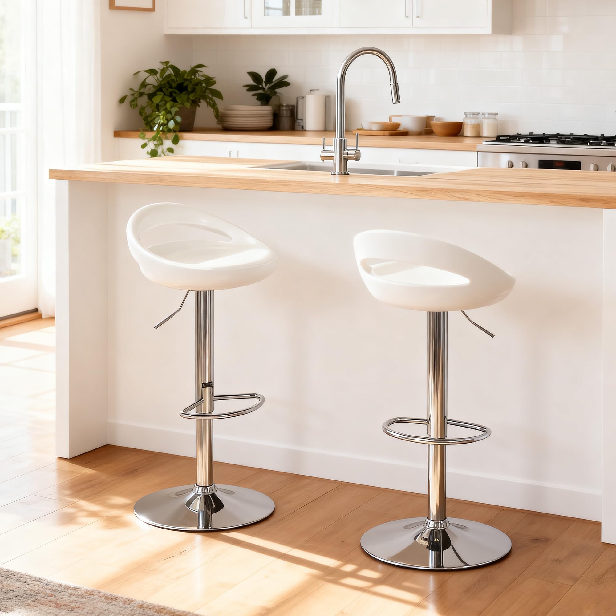 HOMCOM Set 2 Sgabelli da Bar Alti, Sgabelli Girevoli a 360°, con Schienale e Poggiapiedi, Altezza Regolabile, Base in Acciaio, per Sala da Pranzo e Cucina, 46x41x76-96cm, Bianco