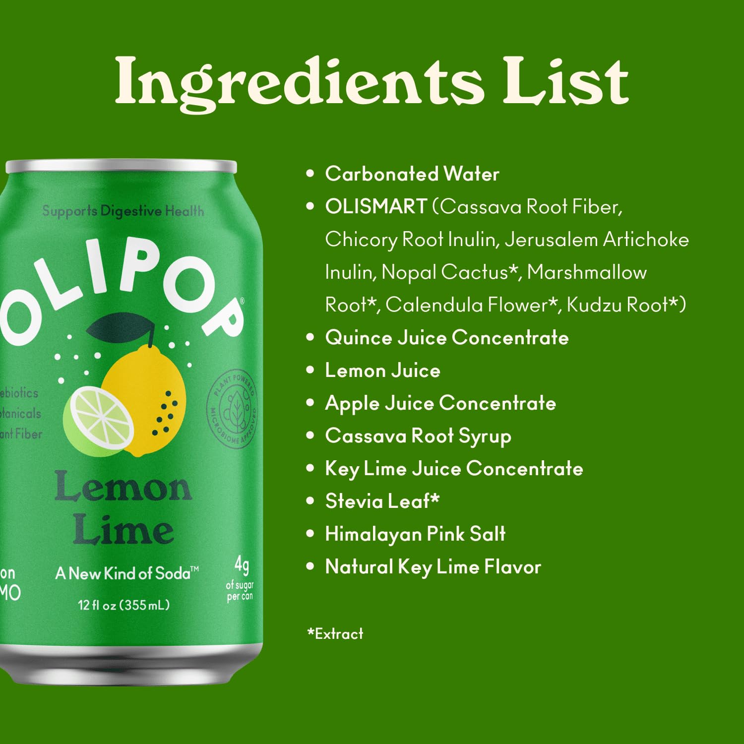 OLIPOP Prebiotic Soda Pop, Lemon Lime, Prebiotics, Botanicals, Plant Fiber, 12 fl oz