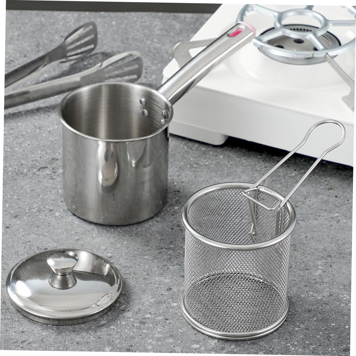 Cabilock Small Stainless Steel Deep Fryer Pot Scald Oil Fryer for Chips and Vegetables Compact Frying Pot with Ergonomic Handle for Home and Commercial Use