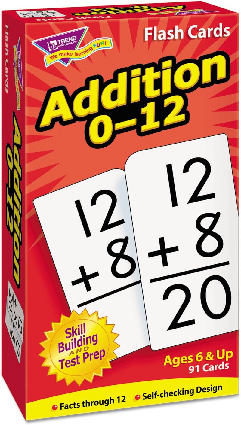 Math Skill Drill Flash Cards, Addition 0-12, Self-Checking Cards to Practice and Master, Great for Skill Building and Test Prep, 91 Cards Included, Ages 6 and Up