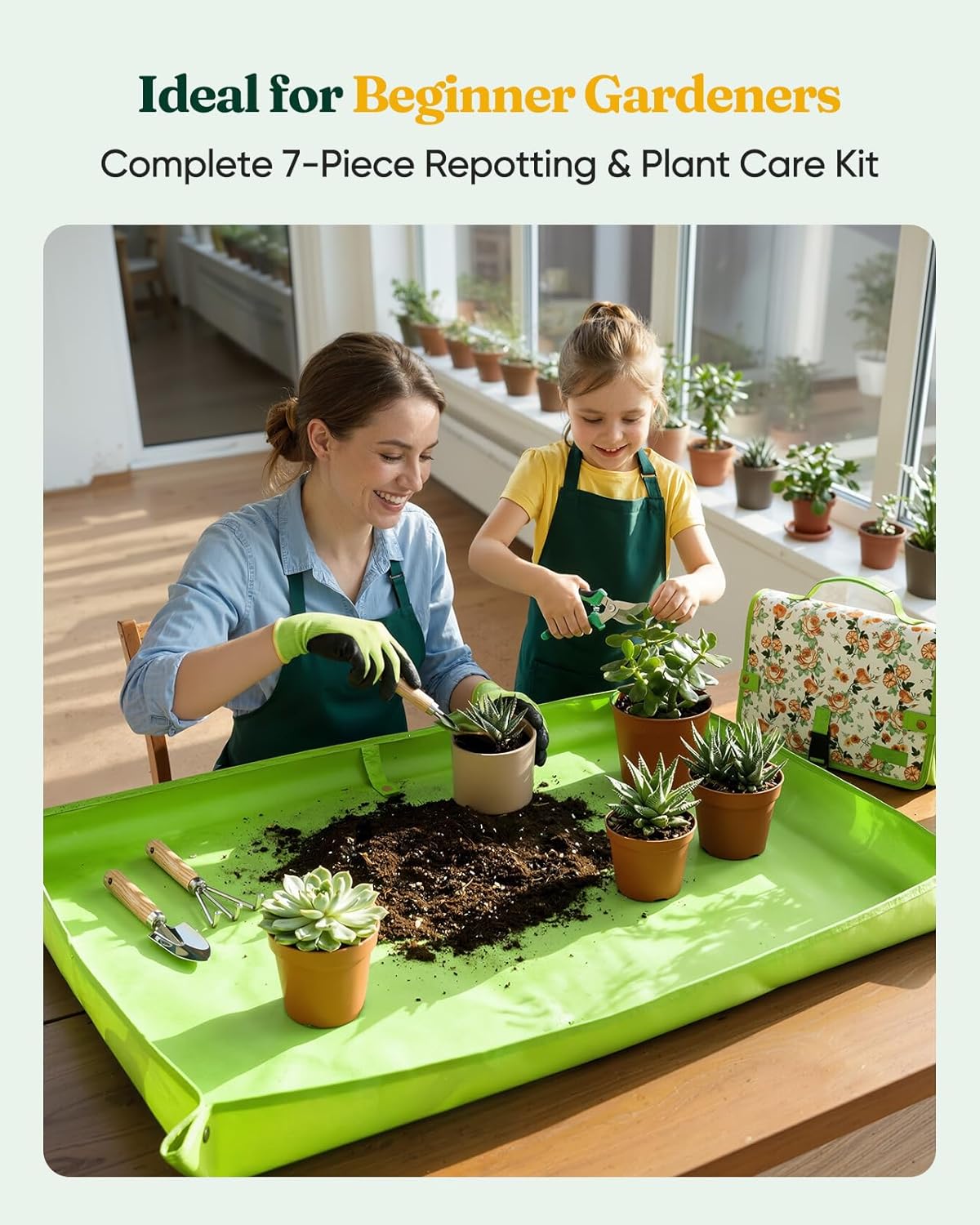 Grenebo Gardening Tools Set, 7 Piece Gardening Hand Tools with Plant Repotting Mat & Tool Bag, Stainless Steel Garden Tools for Succulent Bonsai Plants Transplanting, Gardening Gift for Women & Men