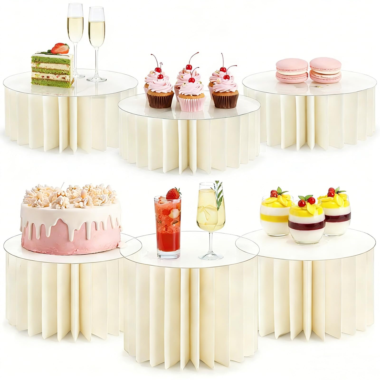 Hacaroa 6 Pack Foldable Buffet Risers Display Stands, 30cm Paper Cylinder Cake Cupcake Stand with Acrylic Tops, Food Risers Dessert Table Display Set for Party, Wedding, Birthday Décor, Off White