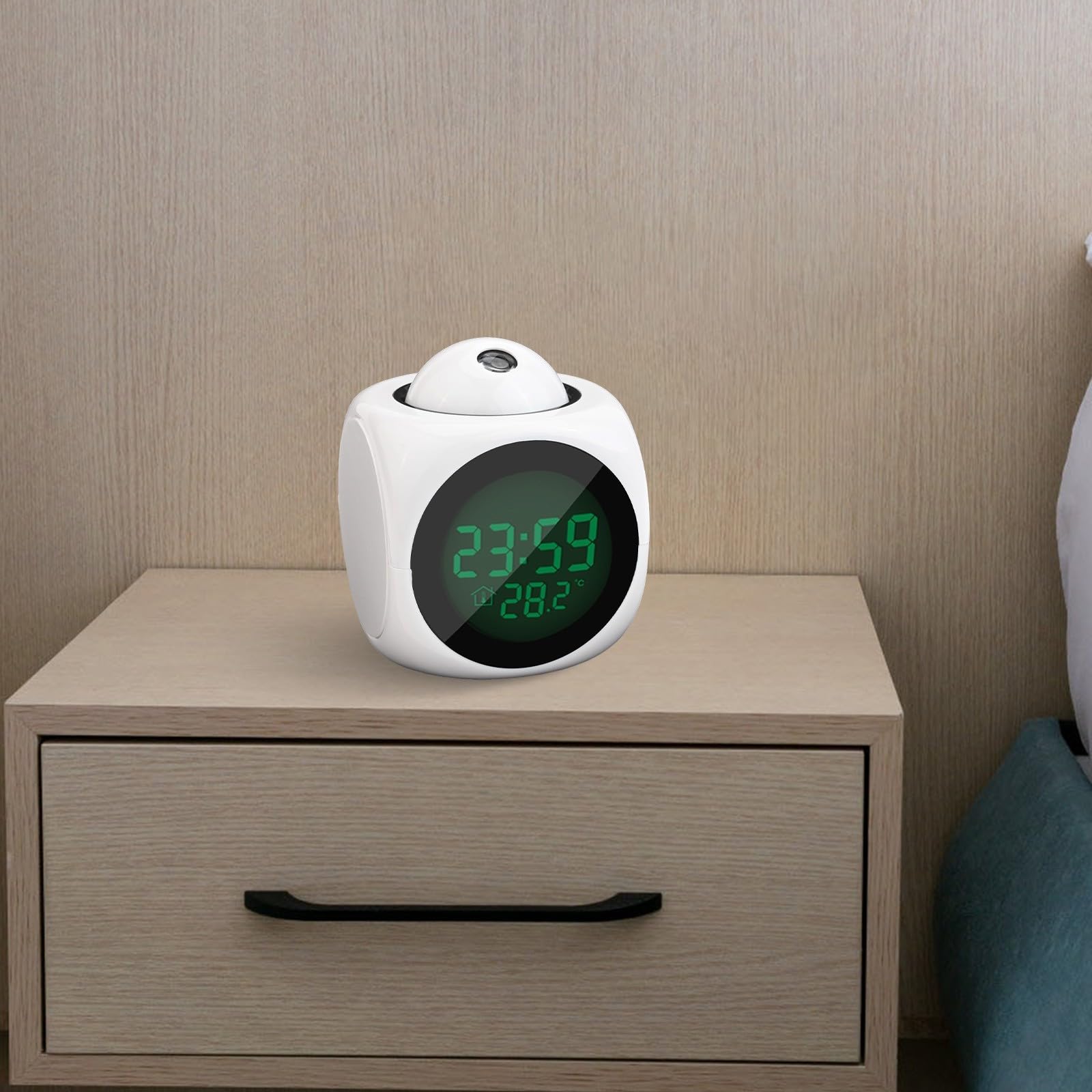 Reloj despertador proyector LED, pantalla digital multifuncional de temperatura, proyector de voz para dormitorio, techo, cocina, escritorio, estante, pared (blanco)