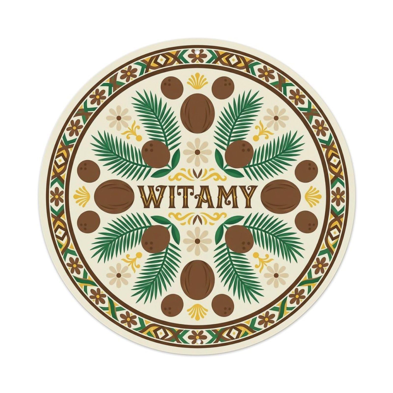 Vintage Polish Folk Art Witamy Welcome Coconut Palm Metal Tin Sign