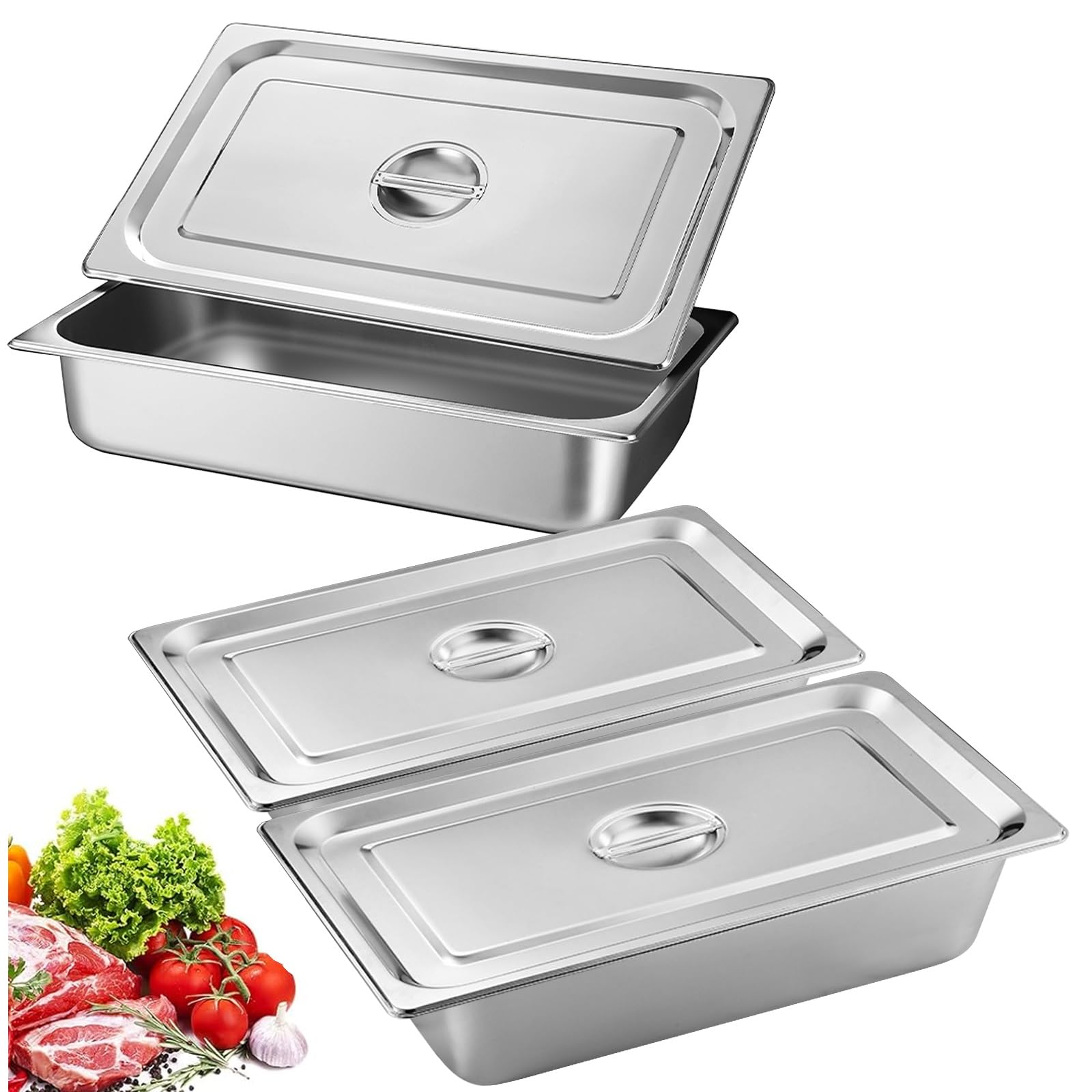 3 Pièces Bac Gastronorme, Bac Inox Alimentaire avec Couvercle, Plat Inox Barbecue, Plat Rectangulaire pour Mariner Viande, Escalopes, Empilable Set à Panure, Récipient pour Cuisine (32.5x17.5x6.5cm)