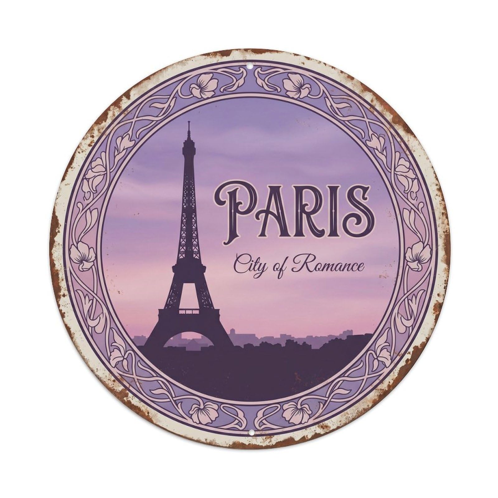Cmhok Vintage Style Vintage Travel Paris France Romance Metal Tin Sign Plaque Wall Decor For Cafe, Club, Garden Round Metal Poster 8X8inch