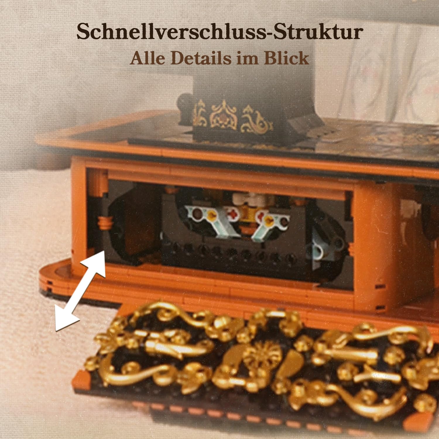 PANTASY Retro Nähmaschine Klemmbausteine Set | Vintage-Modell mit Handkurbel, funktionierendem Zahnradmechanismus und versteckter Mini-Schneiderei zum Ausstellen