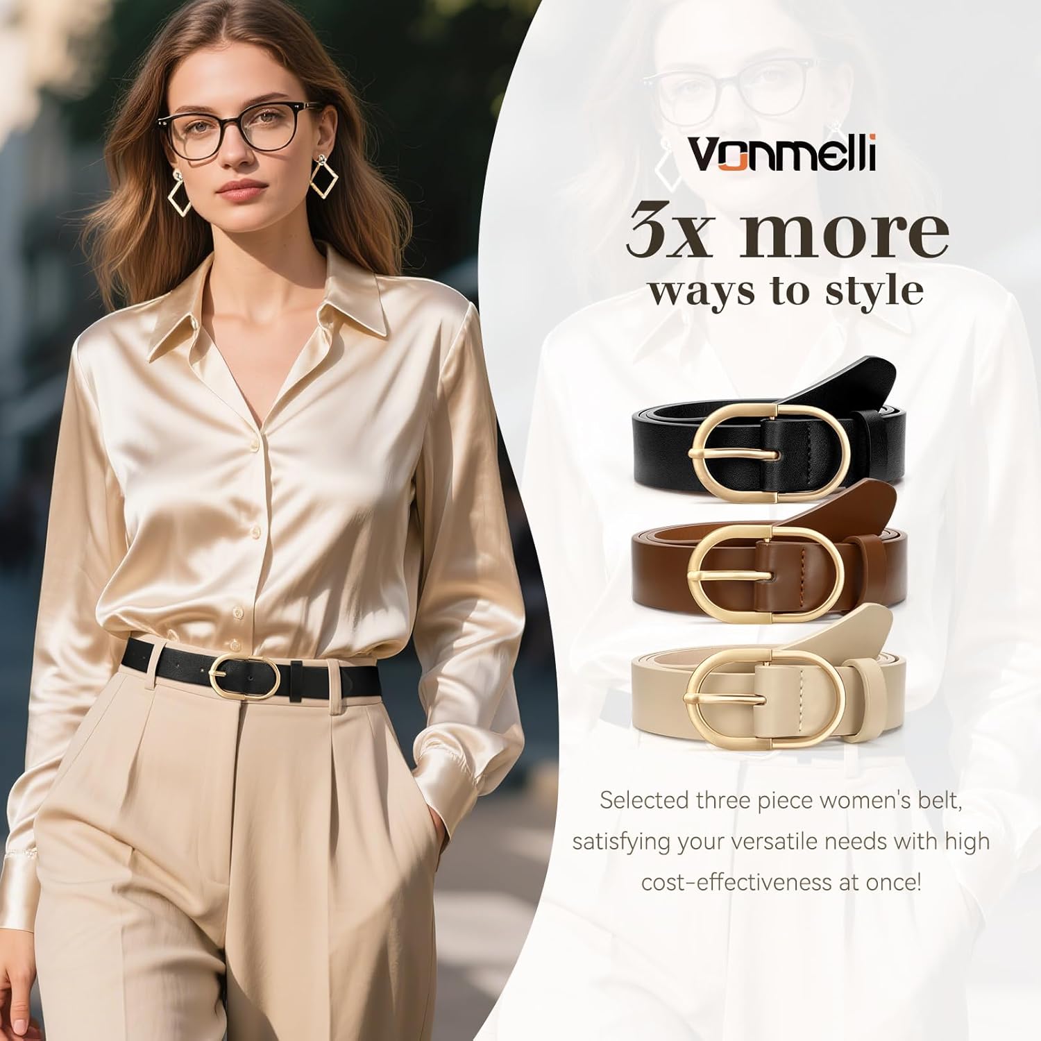 VONMELLI 3 Pack Women's Belts for Jeans Pants Fashion Gold Buckle Ladies Dress Belt - Image 5