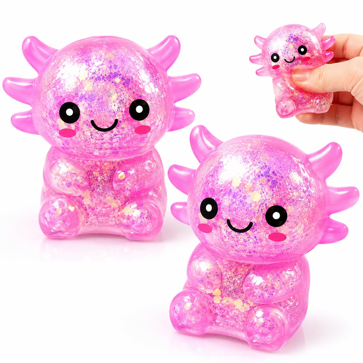 2PcsGlitter Axolotl Squishy, Pink Salamander, Two Piece Portable Set for Desk Office and Travel ﻿