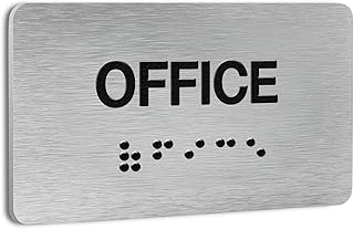 Office Signs for Business and Office, ADA Signs with Raised Text & Grade 2 Braille, Easy Installation with Adhesive Pad – Brushed Aluminum/Silver