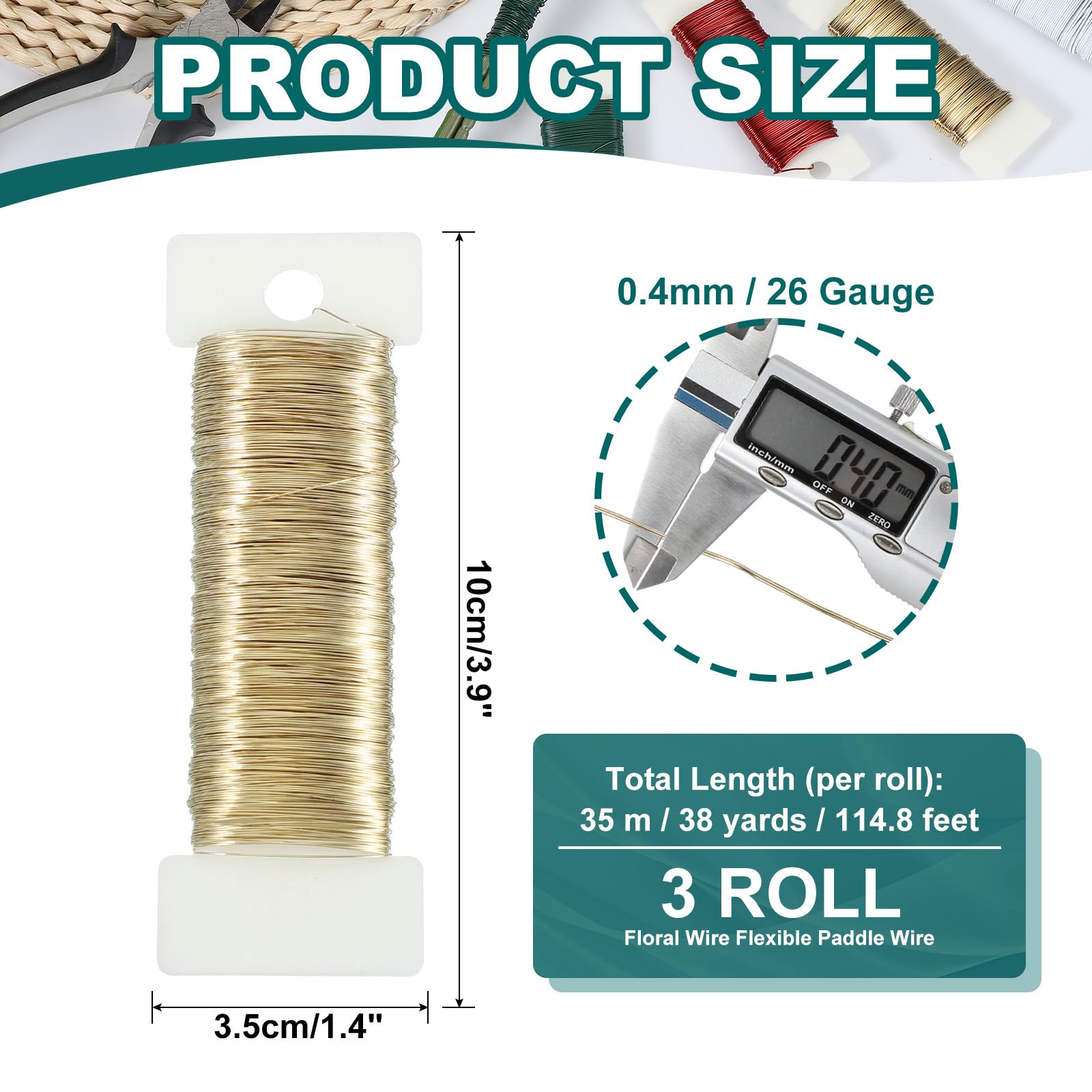 PATIKIL 26 Gauge Floral Flexible Paddle Wire, 38 Yard (115 Feet) Florist Wreath Wire for Crafts Flower Arrangement, Gold