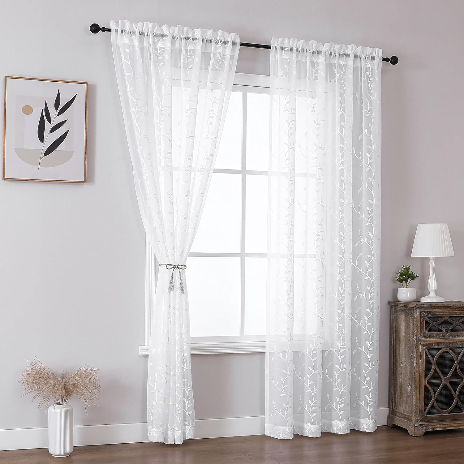 VISIONTEX White Sheer Voile Curtains, Decorative Beige Leaves Embroidery Faux Linen Rod Pocket Window Drapes for Home Kitchen, Living Room and Bedroom 54 x 84 Inch, Set of 2 Curtain Panels