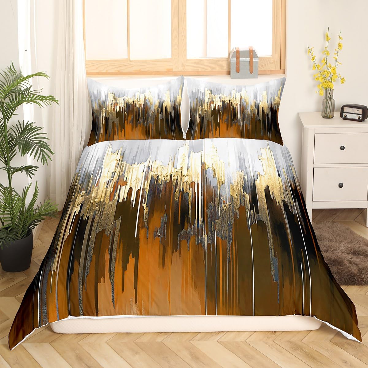 Erosebridal Brown Duvet Cover King Ombre Abstract Bedding Set, Brush Marks Gradient Comforter Cover Contemporary Golden Metallic Bed Set, Watercolor Stripe Aesthetic Bedding (Zipper Closure)