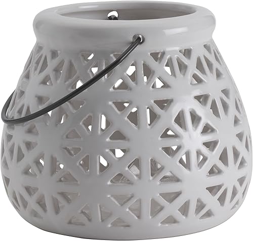 Miniatura 6 de Elements Linterna de cerámica con diamantes perforados, para uso con cera real o velas sin llama, 5.43 x 5.43 x 4.72 pulgadas, blanco