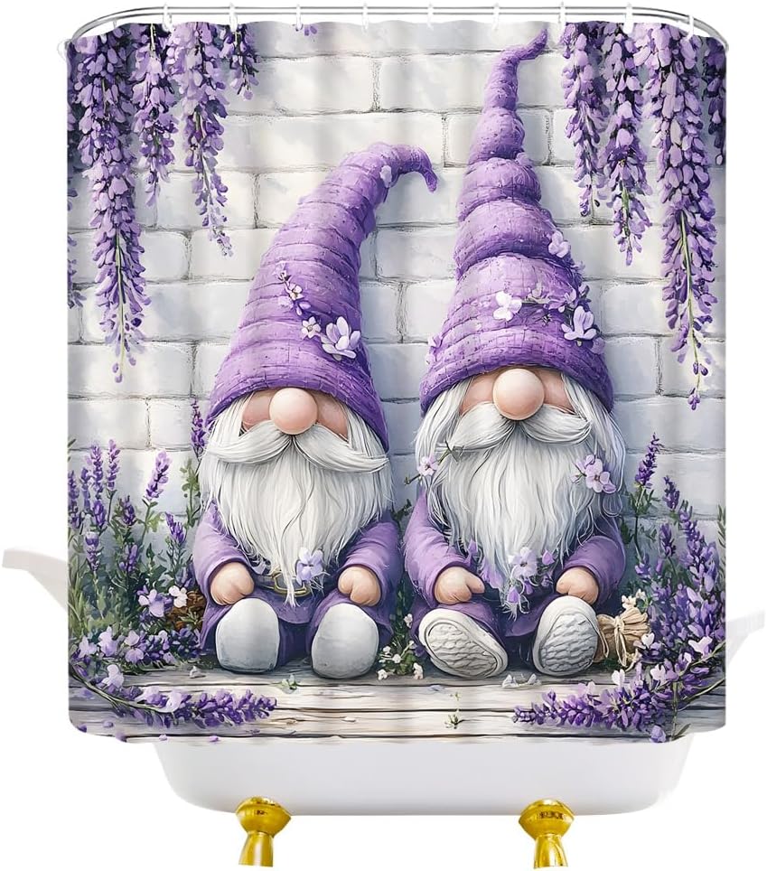 Purple Floral Gnomes Shower Curtain Farmhouse Lavender Spring Flowers Fabric Bathroom Decor Curtains with Hooks, 78" Wx70 H