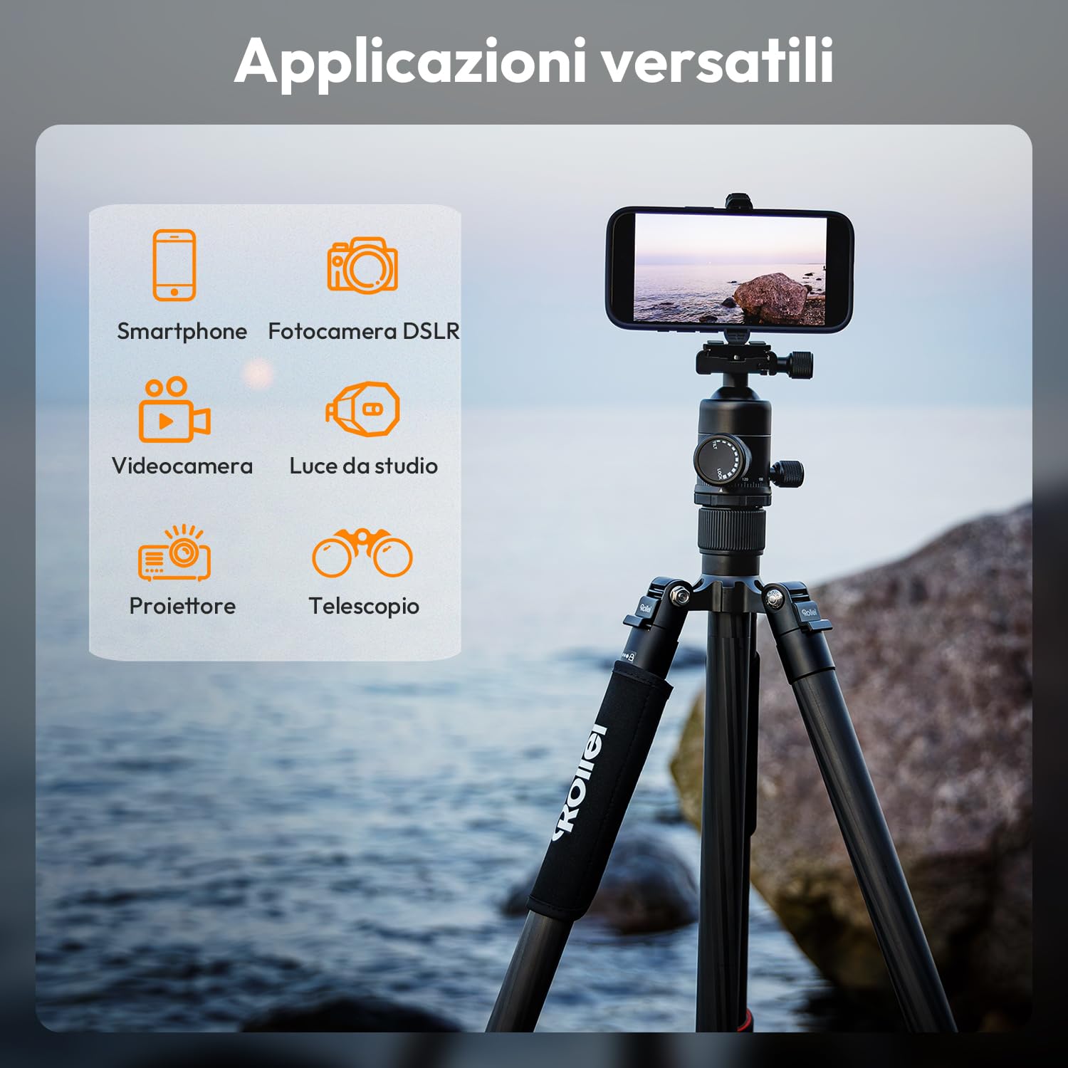 Rollei C6i Treppiede Fotocamera Nero, 171,5cm Cavalletto Fotografico Carbonio Viaggio con Testa Sfera a 360° Tripod Camera per Sony Canon Nikon DSLR Treppiede per Smartphone con Supporto per Telefono