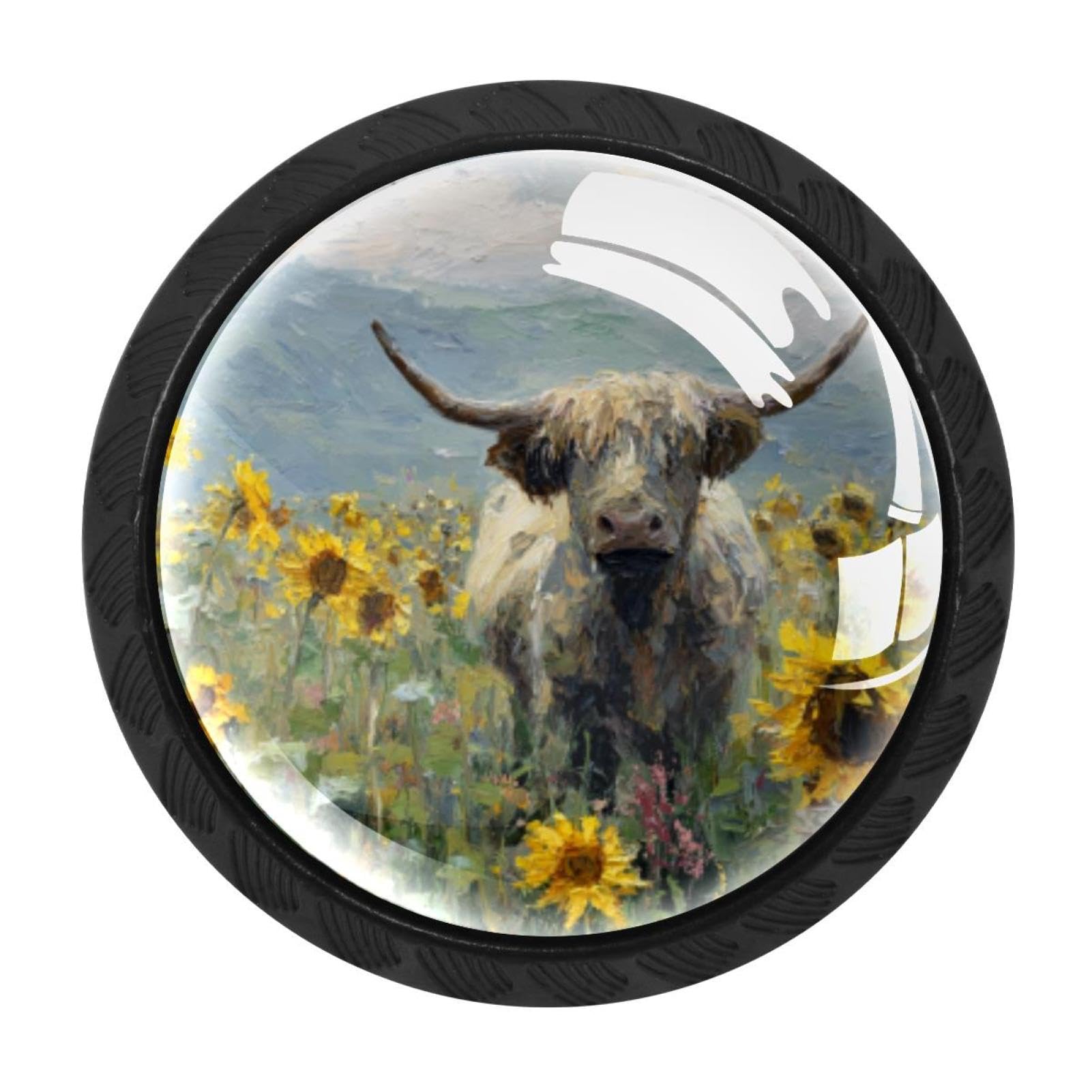CHENZZZZ 4 Pieces Dresser Knobs Sunflowers and Highland Cow (1) Drawer knobs Cabinet Knobs Pull Handles for Home Kitchen Office