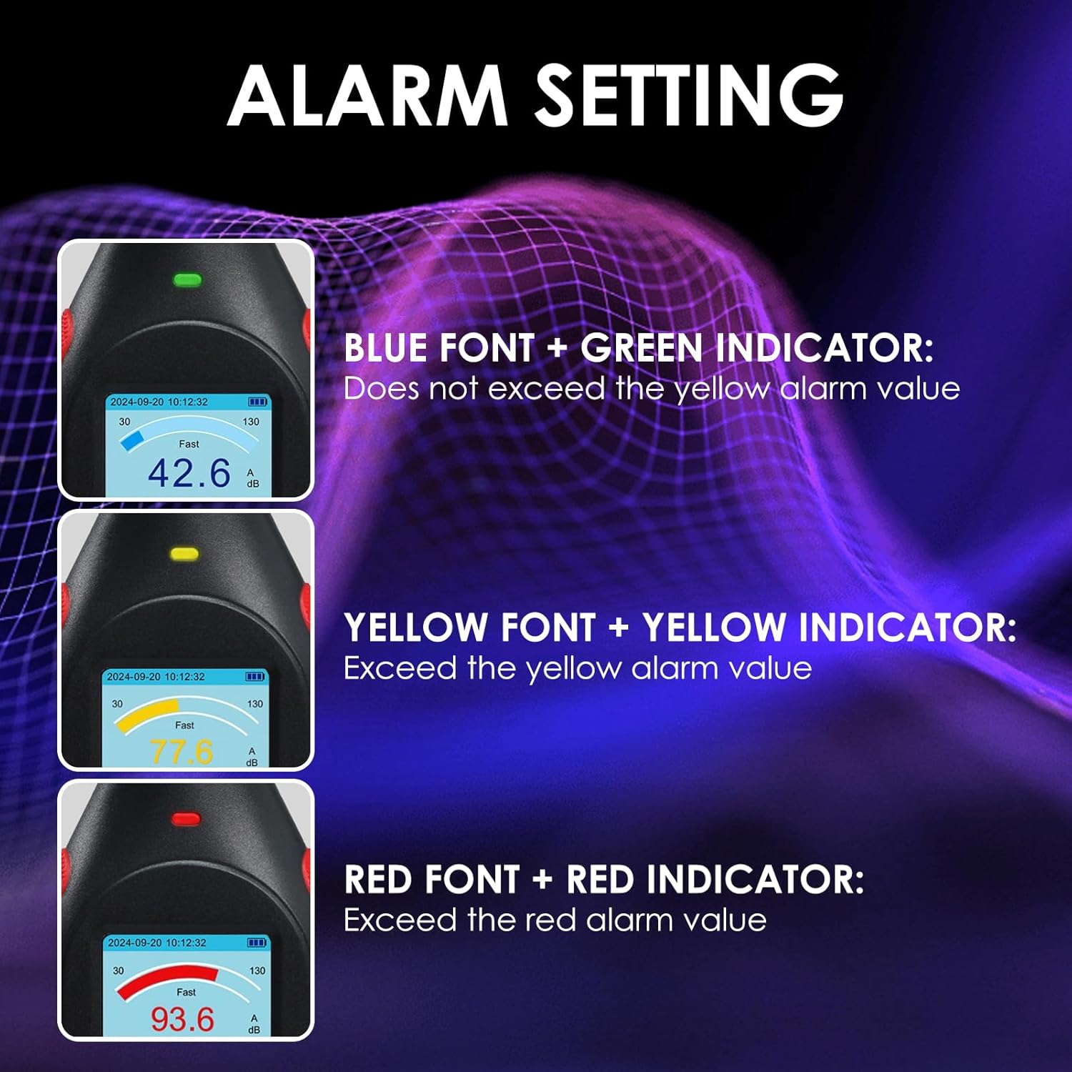 Sound Level Tester Decibel Meter Datalogger with A/C Frequency Weighting, Fast/Slow Response, 43,000 Data Records, Real-Time Sampling, USB/PC Connectivity, Three-Color LED Alarm Noise Reader