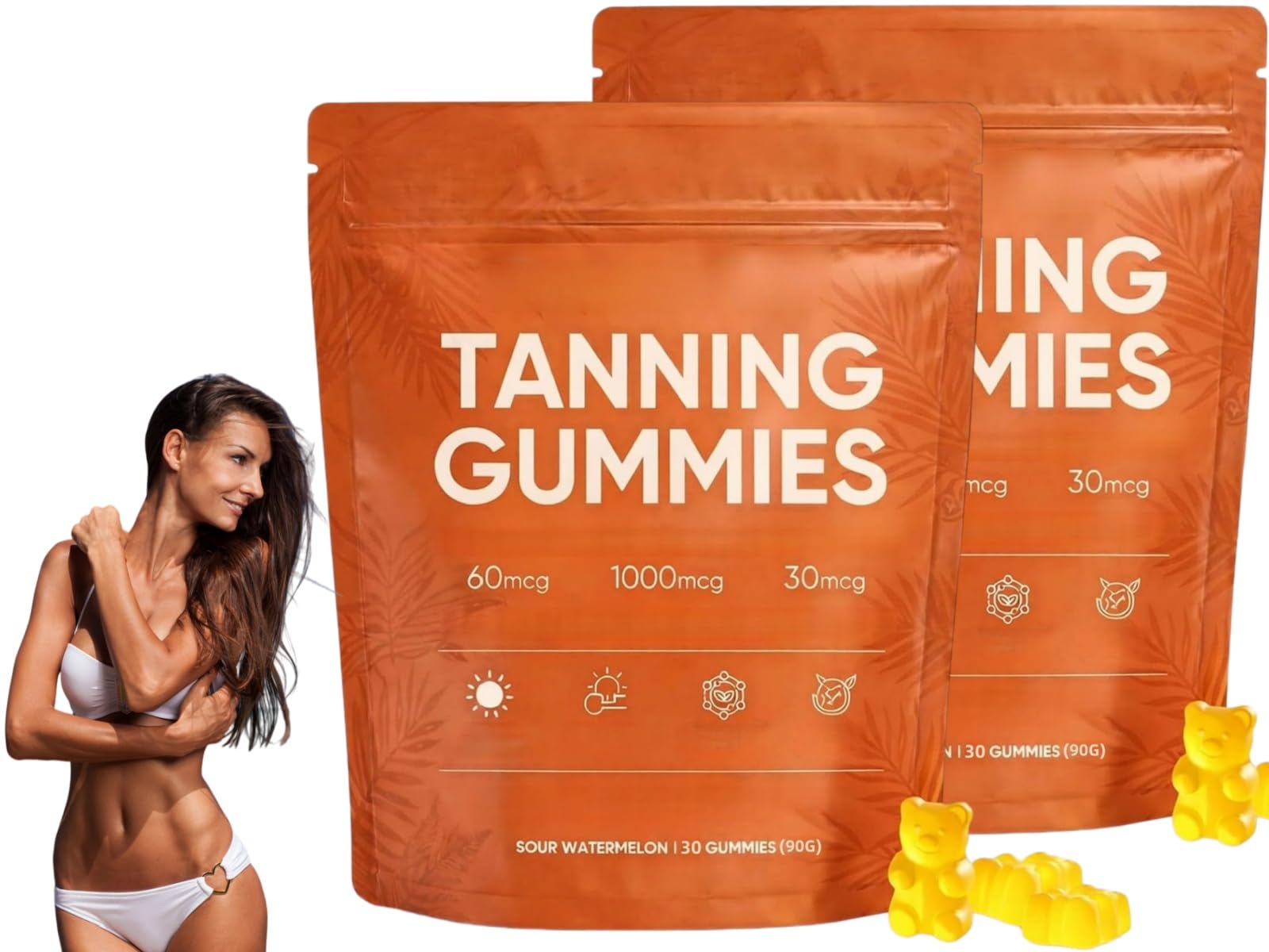 Gummies Autobronzant,60pcs Autobronzantes,Gummies Bronzantes,Gommes Bronzage Peau,Associant bêta-carotène et L-lycopène pour rehausser l'éclat naturel de peau