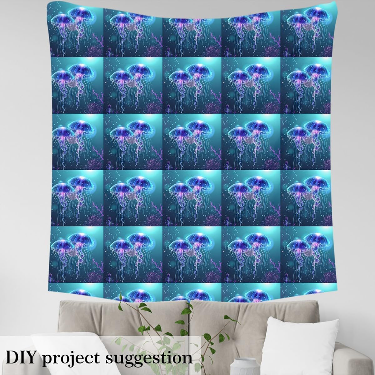 Erosebridal Jellyfish Light Fabric By The Yard, Marine Life Upholstery Fabric, Ocean Theme Seaweed Bubbles Decorative Fabric, Giant Coral Fantasy Waterproof Fabric, Blue Purple, 5 Yards