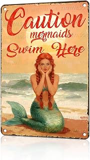 Mermaid Metal Sign Caution Mermaids Swim Here Vintage Metal Decor Funny Tin Signs Wall Art For Home Swimming Pool Beach Bar Pub 12 * 8 In