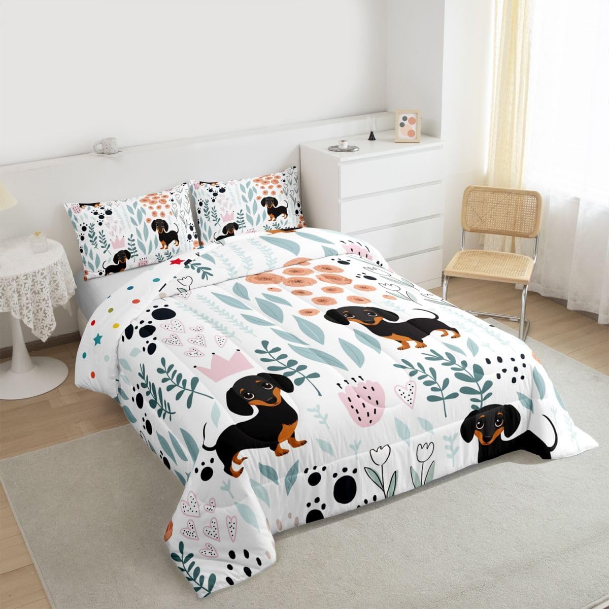 Erosebridal Kawaii Dachshund Bedding Set Queen,Cartoon Puppy Dog Comforter Set for Kids Girls Boys,Cute Love Heart Leaf Floral Comforter Set,Paw Print Animal Quilt Bed Set with 2 Pillow Cases
