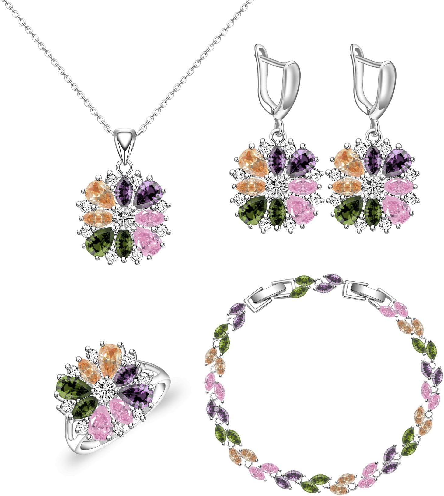 GZWHD Multi Color Colorful Flower Jewelry Set for Women,Earrings Necklace Ring Bracelet Set,Valentine's Day/Christmas/Birthday Gift for Mother/Wife/Friend