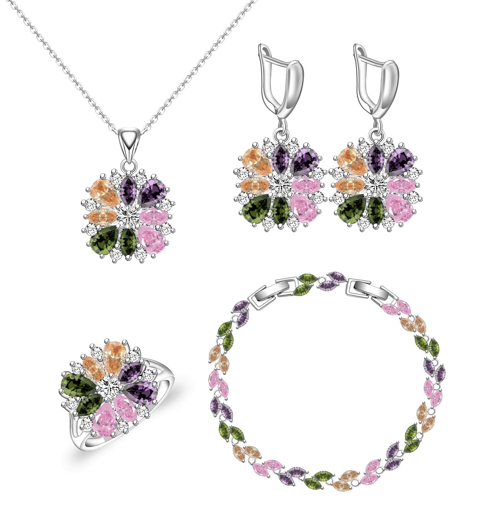GZWHD Multi Color Colorful Flower Jewelry Set for Women,Earrings Necklace Ring Bracelet Set,Valentine's Day/Christmas/Birthday Gift for Mother/Wife/Friend