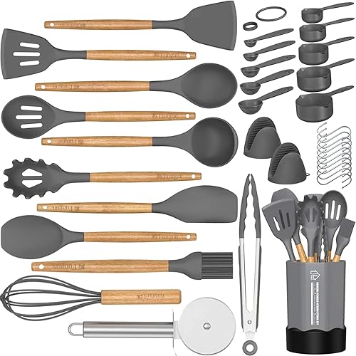 Silicone Cooking Utensil Set, 35 Pcs Kitchen Utensils Cooking Utensils Set by Fungun, Non-stick Heat Resistant Kitchen Gadgets Cookware with Natural Wooden Handle -(Gray)