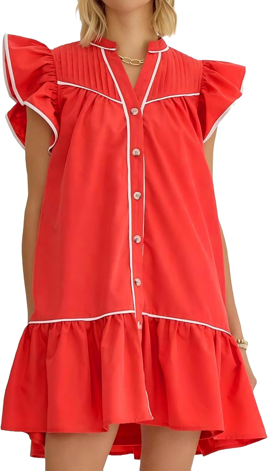 Women's Button Down Ruffle Cap Sleeve Mini Dress V Neck A Line Flowy Babydoll Short Dresses with Pockets